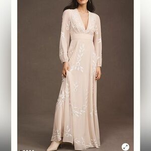 BHLDN Belize Embroidered Anthropology A-Line Long-Sleeve V-Neck Gown